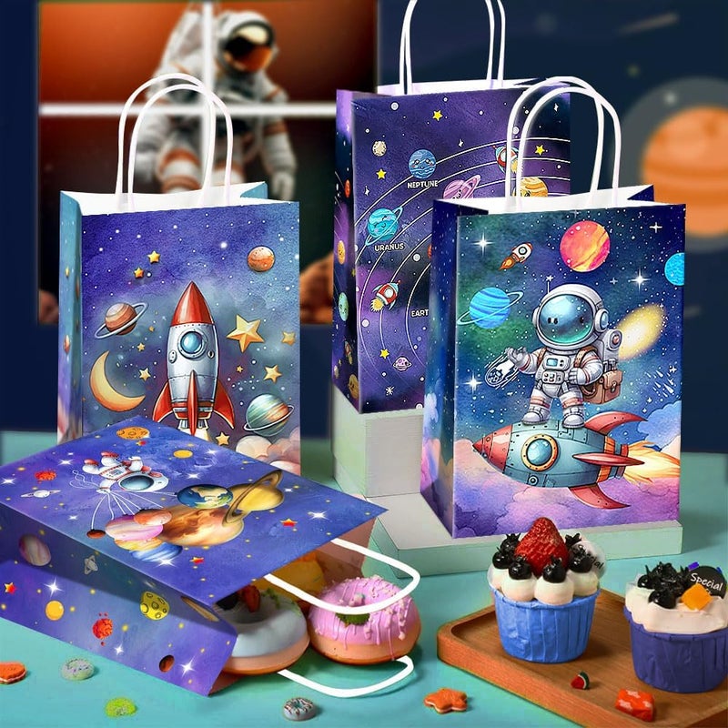 JOYGATHER 24 Pcs Astronaut Party Favor Bags with Handles - Space Galaxy Themed Solar Eclipse Goodie Gift Candy Kraft Paper Bags for Kids Birthday Party Supplies Decorations - Image 4